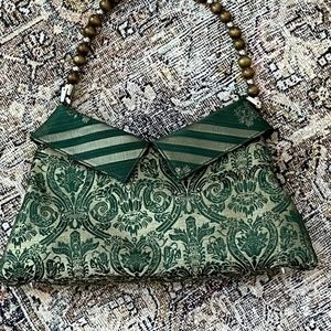 Braciano Green & Gold Handbag with Wood and Metal Beaded Handle